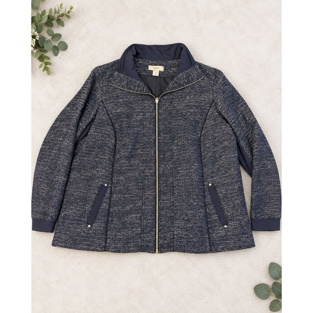 CJ Banks Womens 2X Navy Textured Full Zip Jacket Blazer Lined Plus Size